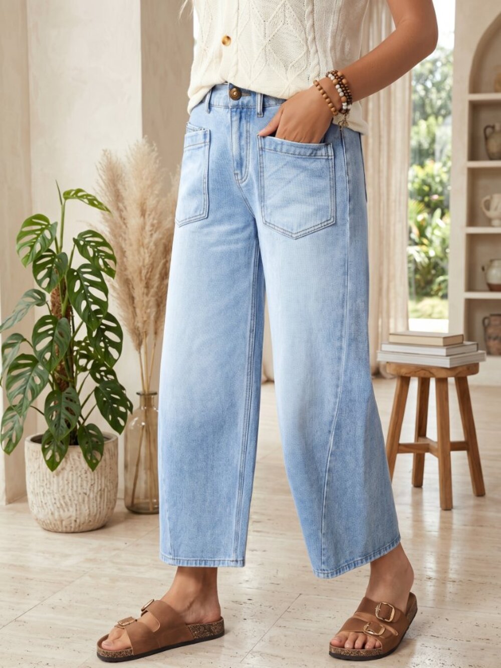Women Cotton Wide Leg Jeans Loose Fit Patch Pocket Casual Street Blue Denim - Picture 3 of 6